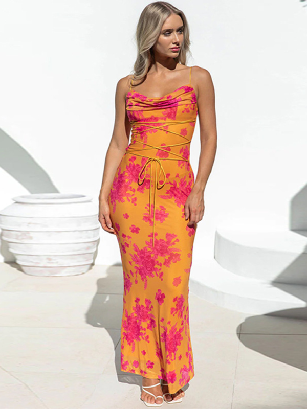 Backless Strappy Slim Printed Suspender Dress