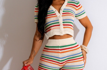 Knitted Contrasting Short-Sleeved Short Set
