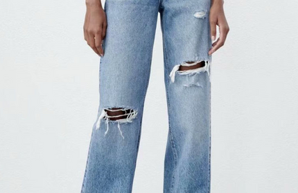 New high waist versatile ripped blue wide leg jeans - Hey Love Boutique