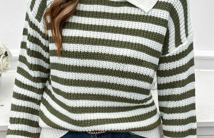 Casual Loose Lapel Striped Long Sleeve Sweater