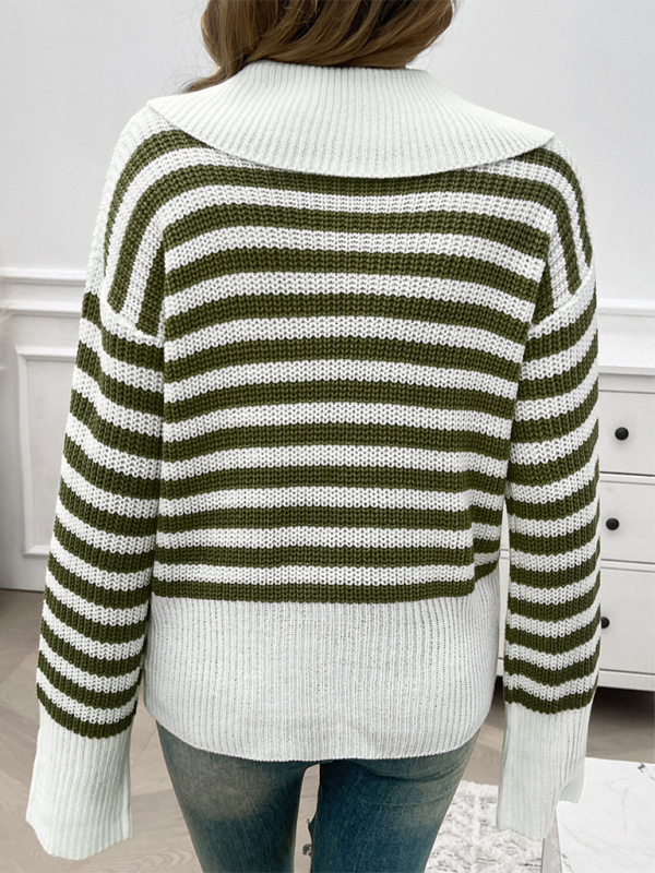 Casual Loose Lapel Striped Long Sleeve Sweater