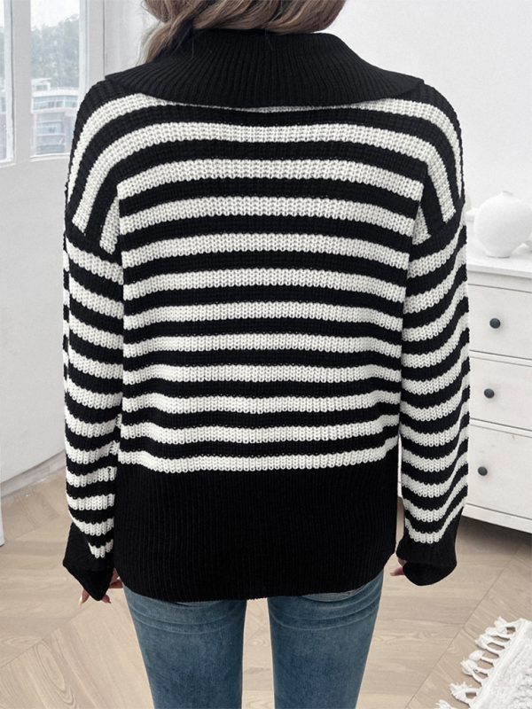 Casual Loose Lapel Striped Long Sleeve Sweater
