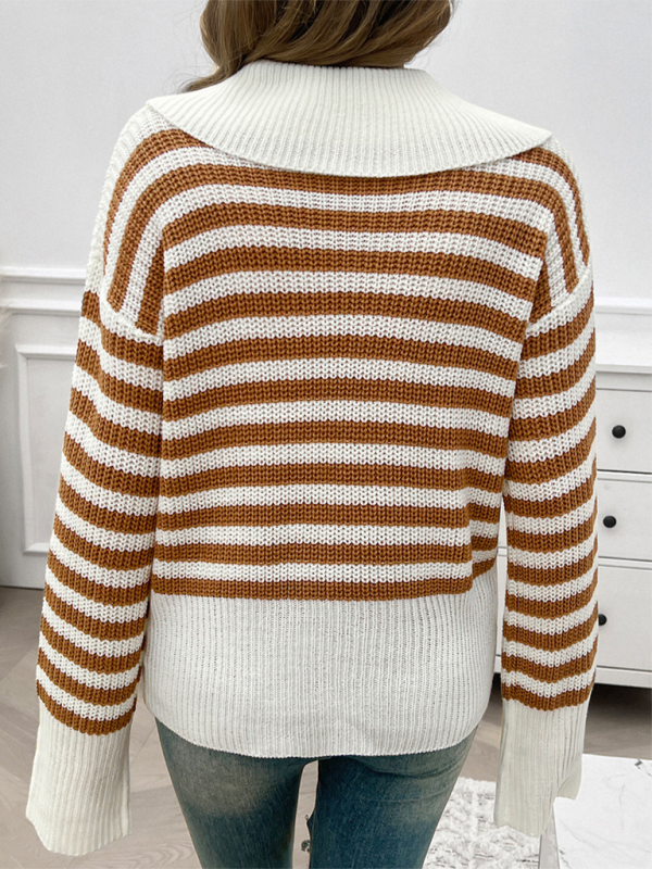 Casual Loose Lapel Striped Long Sleeve Sweater