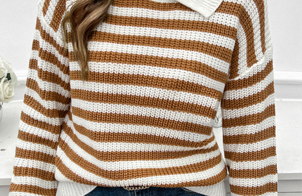 Casual Loose Lapel Striped Long Sleeve Sweater