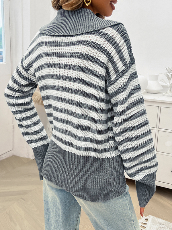 Casual Loose Lapel Striped Long Sleeve Sweater