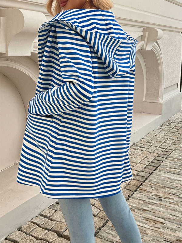 Striped Cardigan Hooded Knit Long Sleeve Coat