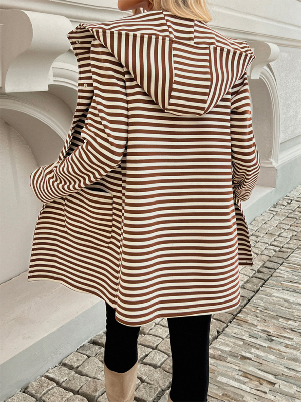 Striped Cardigan Hooded Knit Long Sleeve Coat