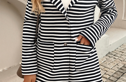 Striped Cardigan Hooded Knit Long Sleeve Coat