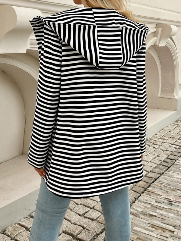 Striped Cardigan Hooded Knit Long Sleeve Coat