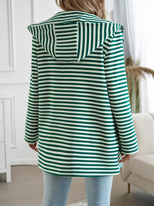 Striped Cardigan Hooded Knit Long Sleeve Coat