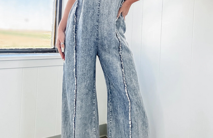 Vintage Washed Raw Edge Wide Leg Jumpsuit