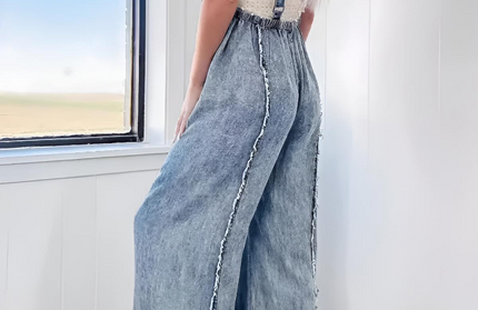 Vintage Washed Raw Edge Wide Leg Jumpsuit