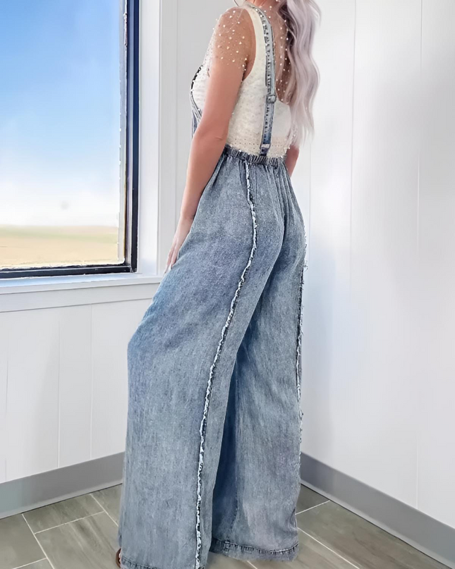 Vintage Washed Raw Edge Wide Leg Jumpsuit
