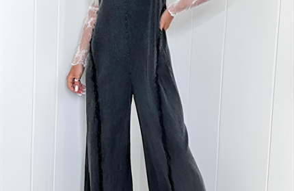 Vintage Washed Raw Edge Wide Leg Jumpsuit