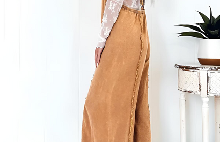 Vintage Washed Raw Edge Wide Leg Jumpsuit