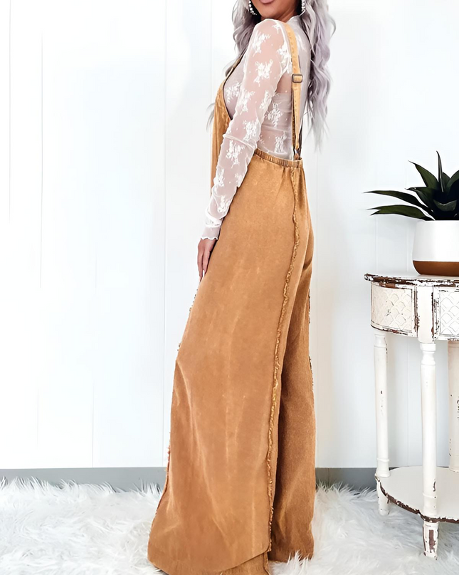 Vintage Washed Raw Edge Wide Leg Jumpsuit