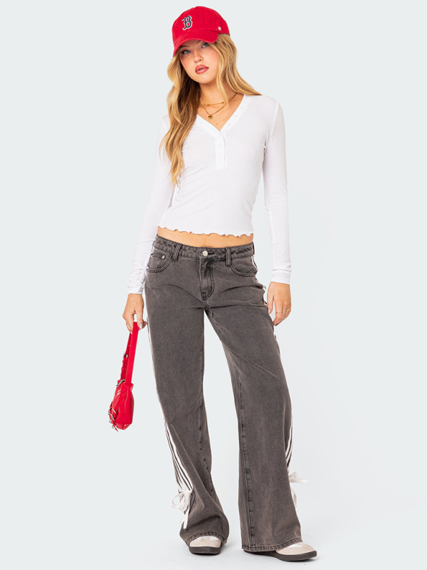 Loose Side Drawstring Wide-Leg Jeans