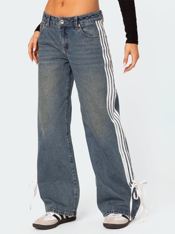 Loose Side Drawstring Wide-Leg Jeans