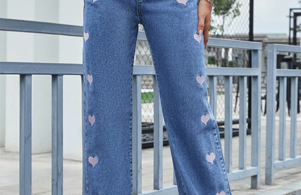 Love Heart Embroidery High Waist Straight Jeans
