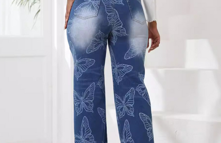 Butterfly Printed High Waisted Straight Leg Jeans