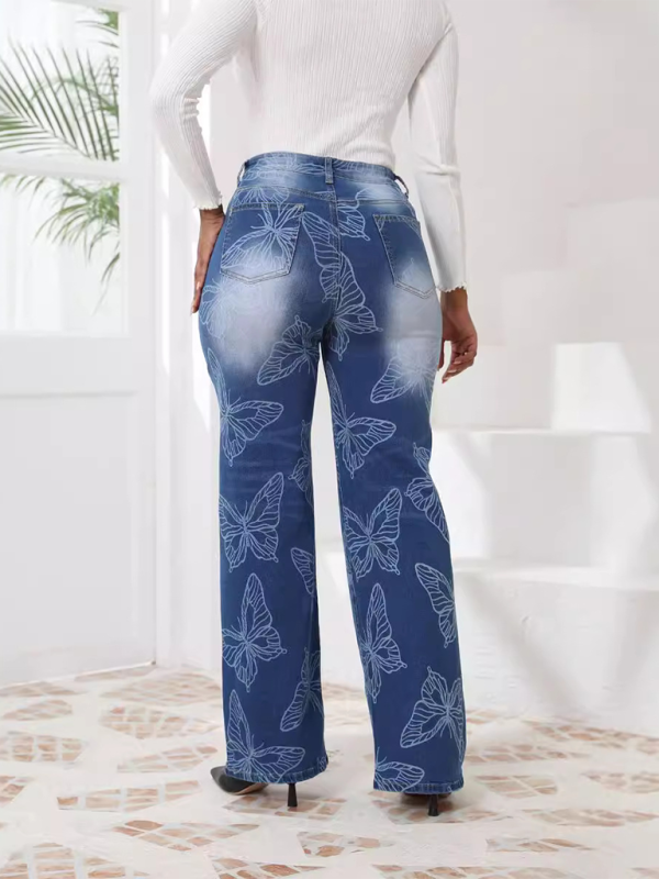 Butterfly Printed High Waisted Straight Leg Jeans