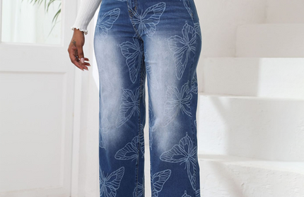 Butterfly Printed High Waisted Straight Leg Jeans