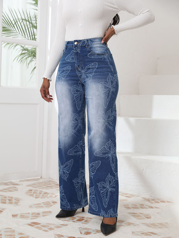 Butterfly Printed High Waisted Straight Leg Jeans