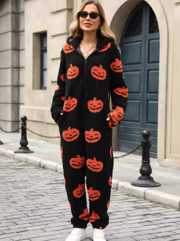 Halloween Pumpkin Zipper Loose Plush Jumpsuit