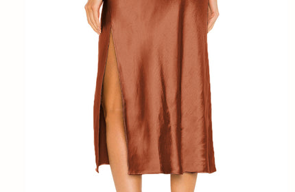 Satin High Waist Solid Color Split Midi Skirt - Hey Love Boutique