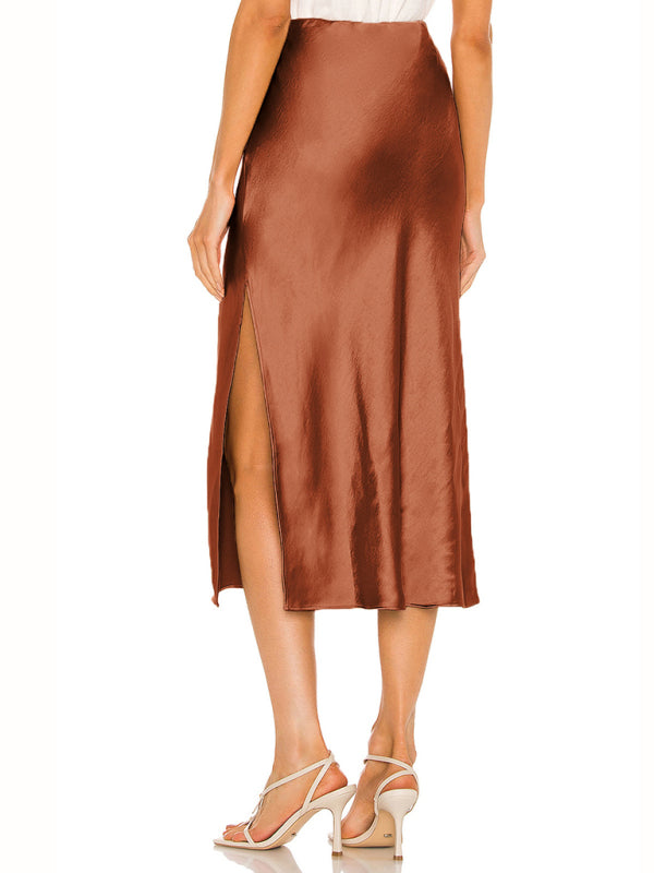 Satin High Waist Solid Color Split Midi Skirt - Hey Love Boutique