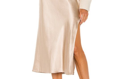 Satin High Waist Solid Color Split Midi Skirt - Hey Love Boutique