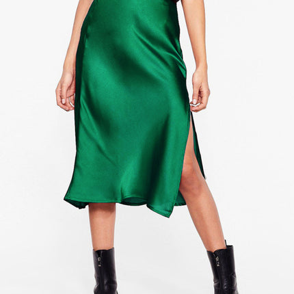 Satin High Waist Solid Color Split Midi Skirt - Hey Love Boutique