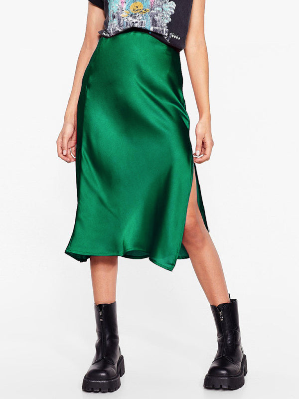 Satin High Waist Solid Color Split Midi Skirt - Hey Love Boutique