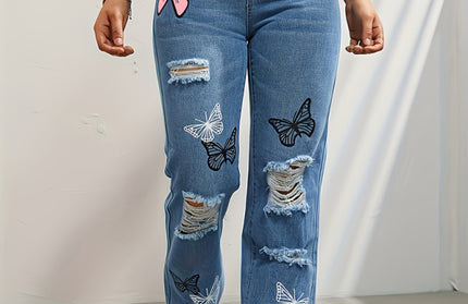 Butterfly Printed Ripped Fashion Straight High Waist Contrast Denim Pants - Hey Love Boutique