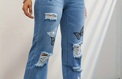Butterfly Printed Ripped Fashion Straight High Waist Contrast Denim Pants - Hey Love Boutique