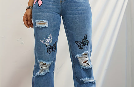 Butterfly Printed Ripped Fashion Straight High Waist Contrast Denim Pants - Hey Love Boutique