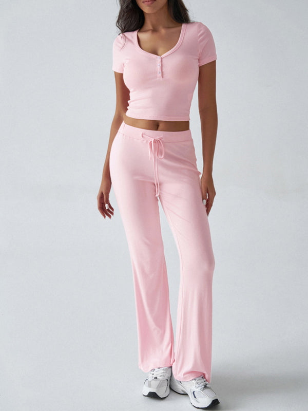 Casual Knitted T-shirt Trousers Two-Piece Suit