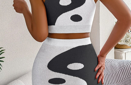 Contrast Belly Baring Top + Hip Skirt Knitted Set