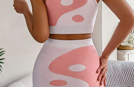 Contrast Belly Baring Top + Hip Skirt Knitted Set