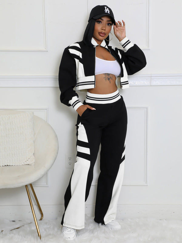 Block Stitching Contrast Wide Leg Flared Pants Set