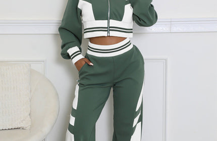 Block Stitching Contrast Wide Leg Flared Pants Set