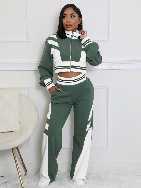 Block Stitching Contrast Wide Leg Flared Pants Set