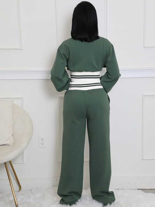 Block Stitching Contrast Wide Leg Flared Pants Set
