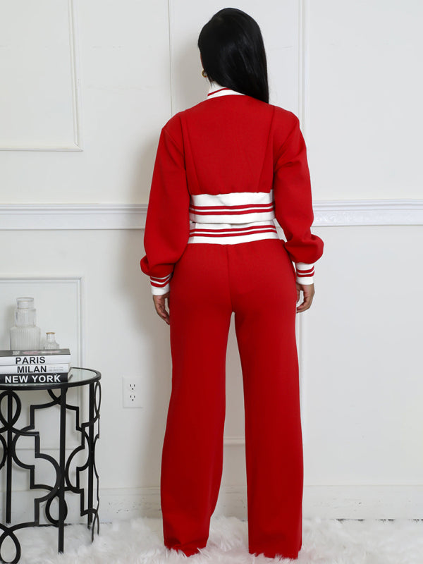 Block Stitching Contrast Wide Leg Flared Pants Set