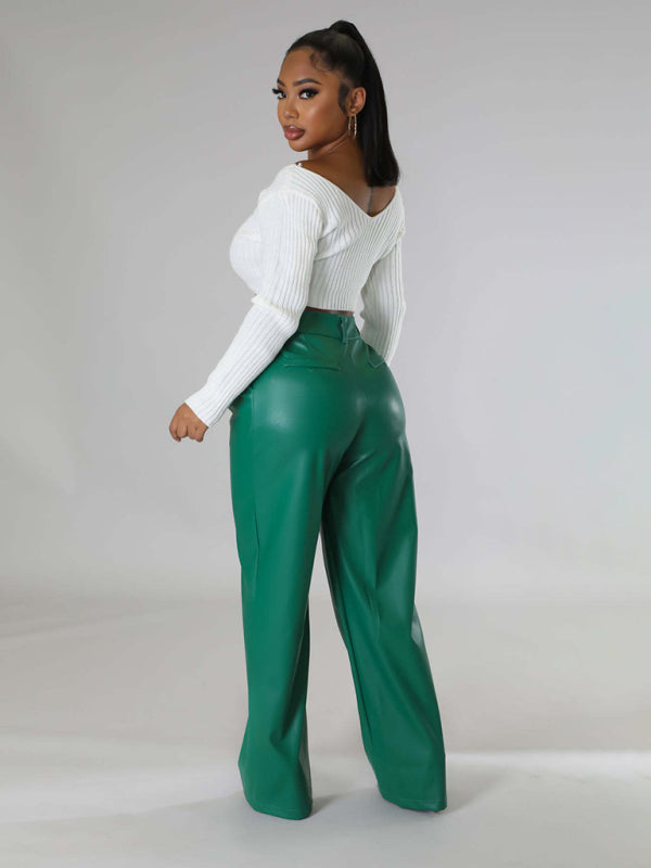 Loose Wide-leg Pocket Leather Pants