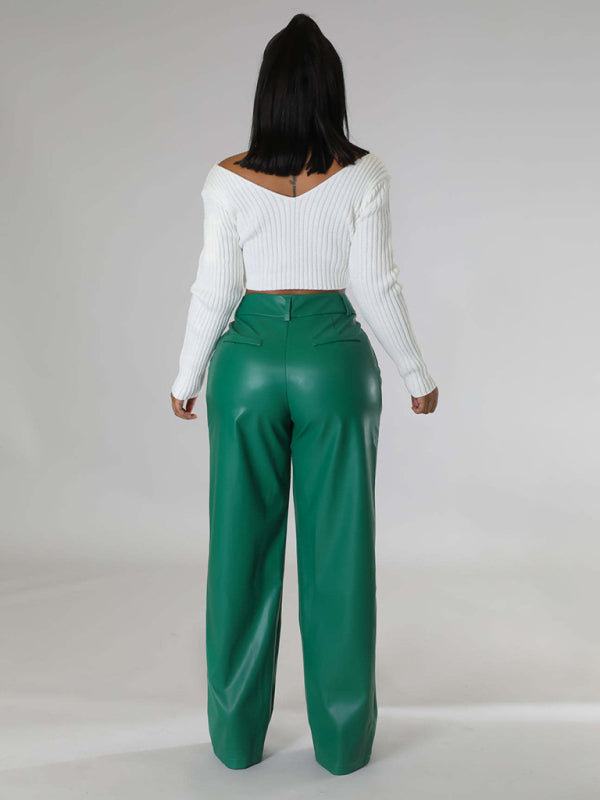 Loose Wide-leg Pocket Leather Pants