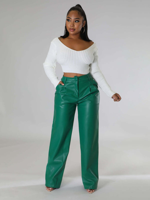 Loose Wide-leg Pocket Leather Pants