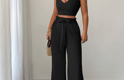 Black suspender Vest Wide-Leg Pants Two-Piece Set