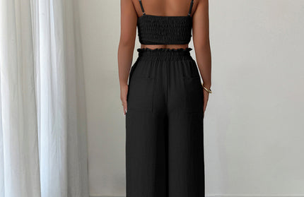 Black suspender Vest Wide-Leg Pants Two-Piece Set