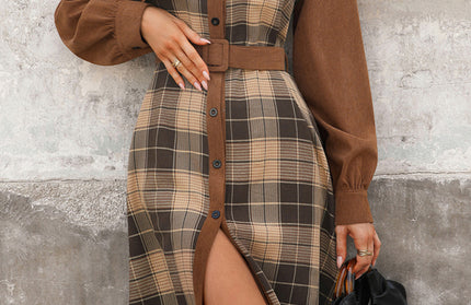 Casual retro shirt collar plaid patchwork dress - Hey Love Boutique